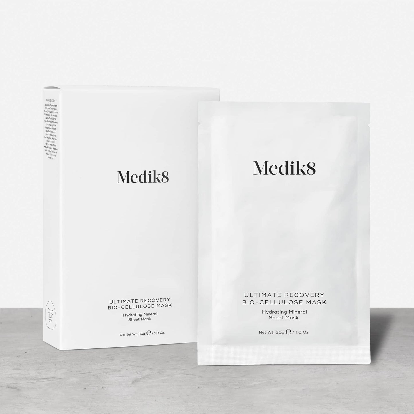 Medik8 Ultimate Recovery Bio-Cellulose Mask 6 pack carton shown beside a single sachet