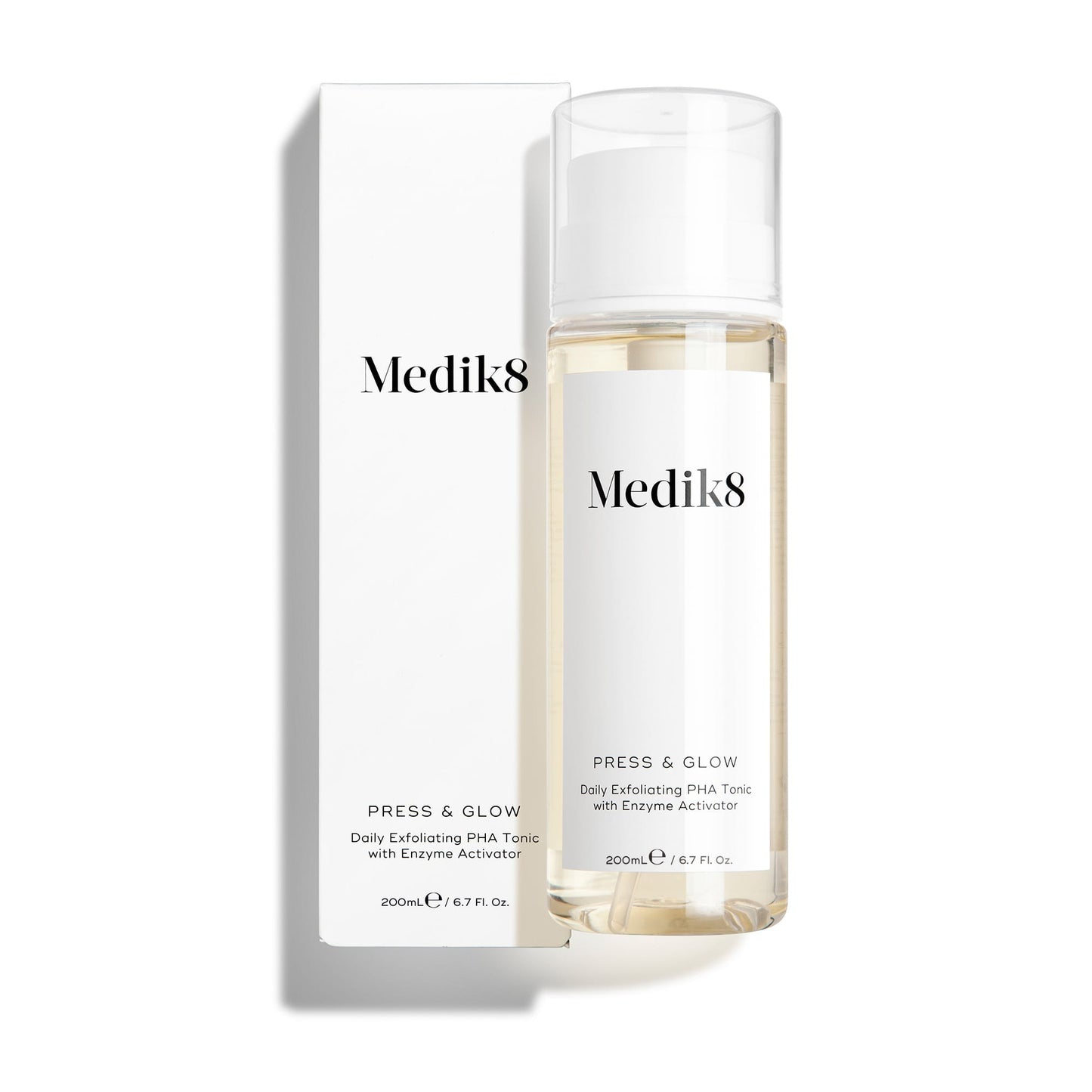 Medik8 Press & Glow bottle shown beside its outer carton