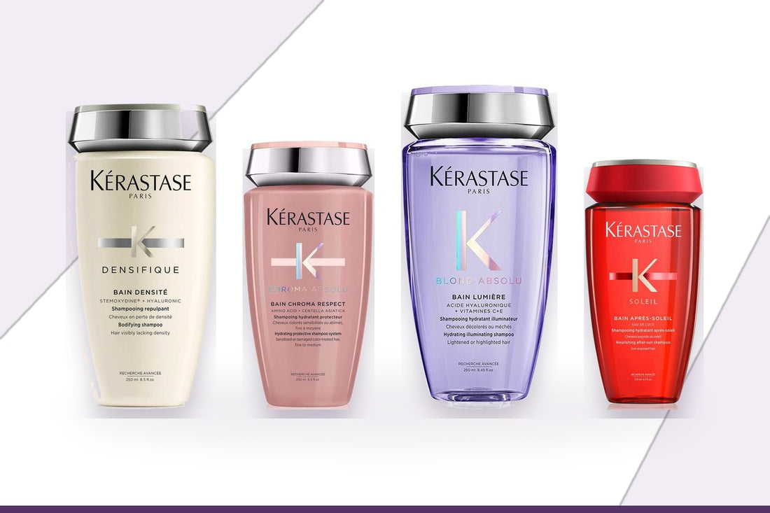 Kérastase Densifique, Chroma Absolu, Blond Absolu and Soleil shampoos lined up to compare ranges
