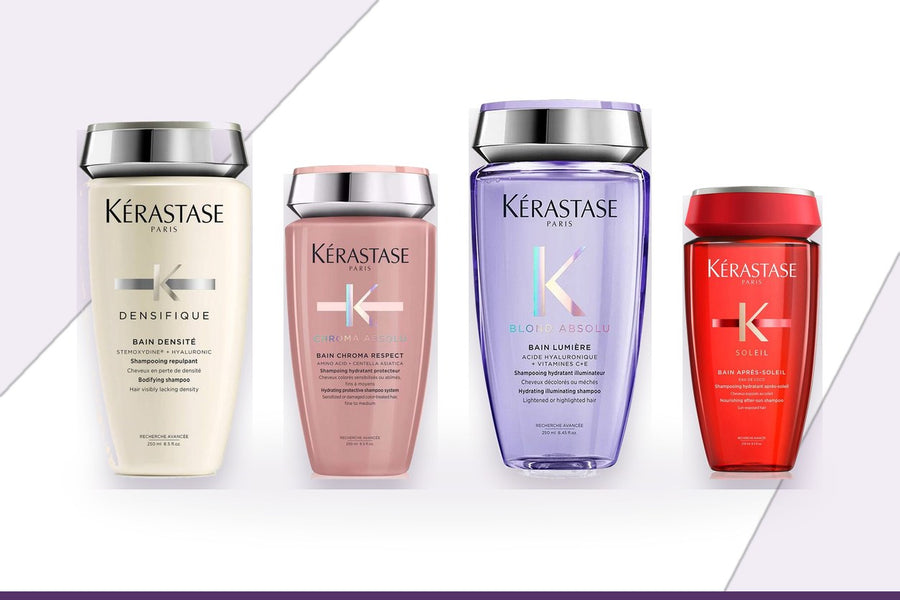 Kérastase Densifique, Chroma Absolu, Blond Absolu and Soleil shampoos lined up to compare ranges