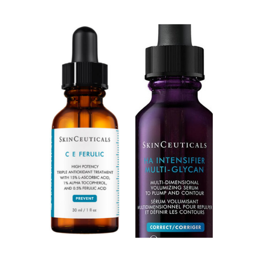 SkinCeuticals CE Ferulic 30ml and HA Intensifier Multi-Glycan 30ml serum bottles side by side on a white background