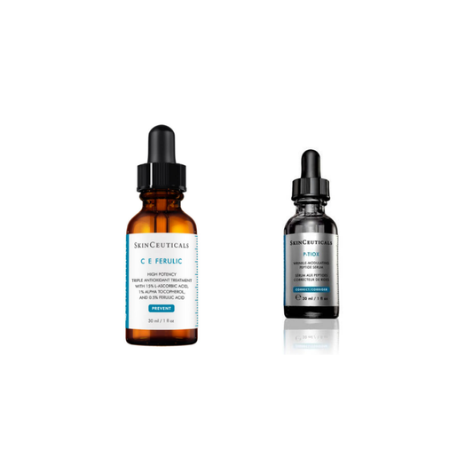 SkinCeuticals CE Ferulic 30ml and P-TIOX Anti-Wrinkle Serum 30ml on a white background