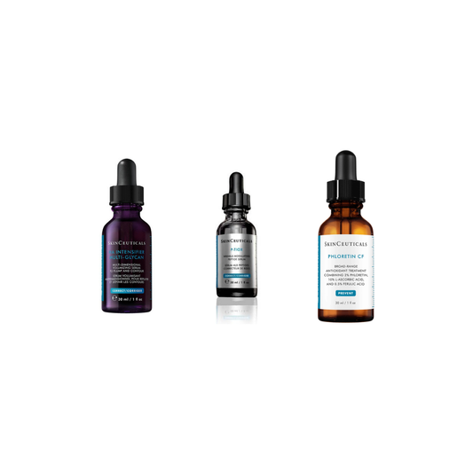 SkinCeuticals HA Intensifier Multi-Glycan 30ml, P-TIOX Anti-Wrinkle Serum 30ml and Phloretin CF Serum 30ml on a white background