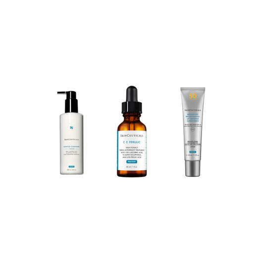 SkinCeuticals Gentle Cleanser 190ml, CE Ferulic 30ml and Advanced Brightening UV Defense SPF50 40ml on a white background