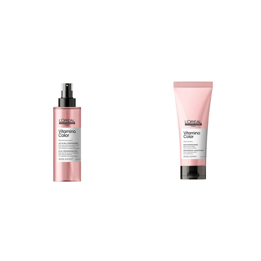 L'Oréal Professional Vitamino Color 10 in 1 Leave-In 190ml and Conditioner 200ml on a white background