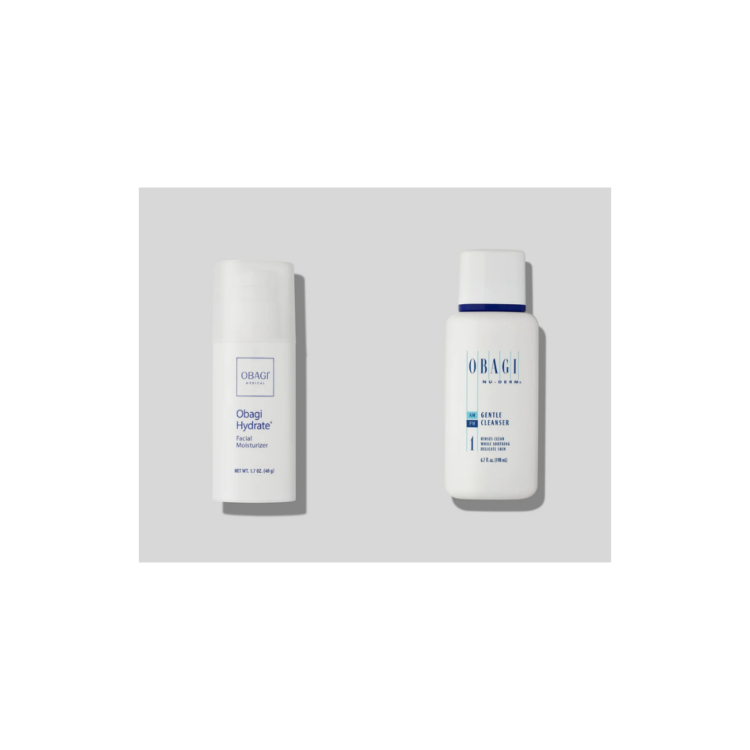 Obagi Hydrate Facial Moisturiser 48g and Nu-Derm Gentle Cleanser 200ml on a white background
