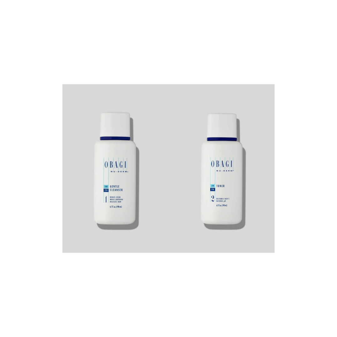 Obagi Nu-Derm Gentle Cleanser 200ml and Nu-Derm Toner 200ml on a white background