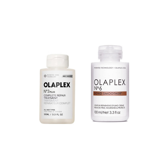 Olaplex No.3 PLUS Complete Repair Treatment 100ml and No.6 Bond Smoother 100ml on a white background
