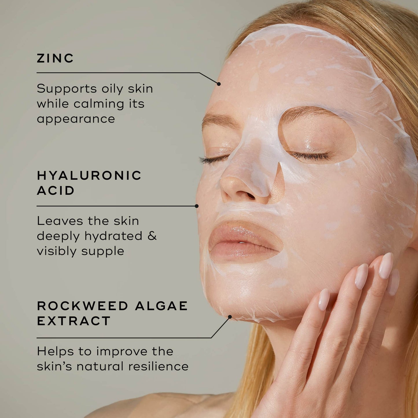 Medik8 Ultimate Recovery Bio-Cellulose Mask key ingredients - zinc, hyaluronic acid, rockweed algae extract