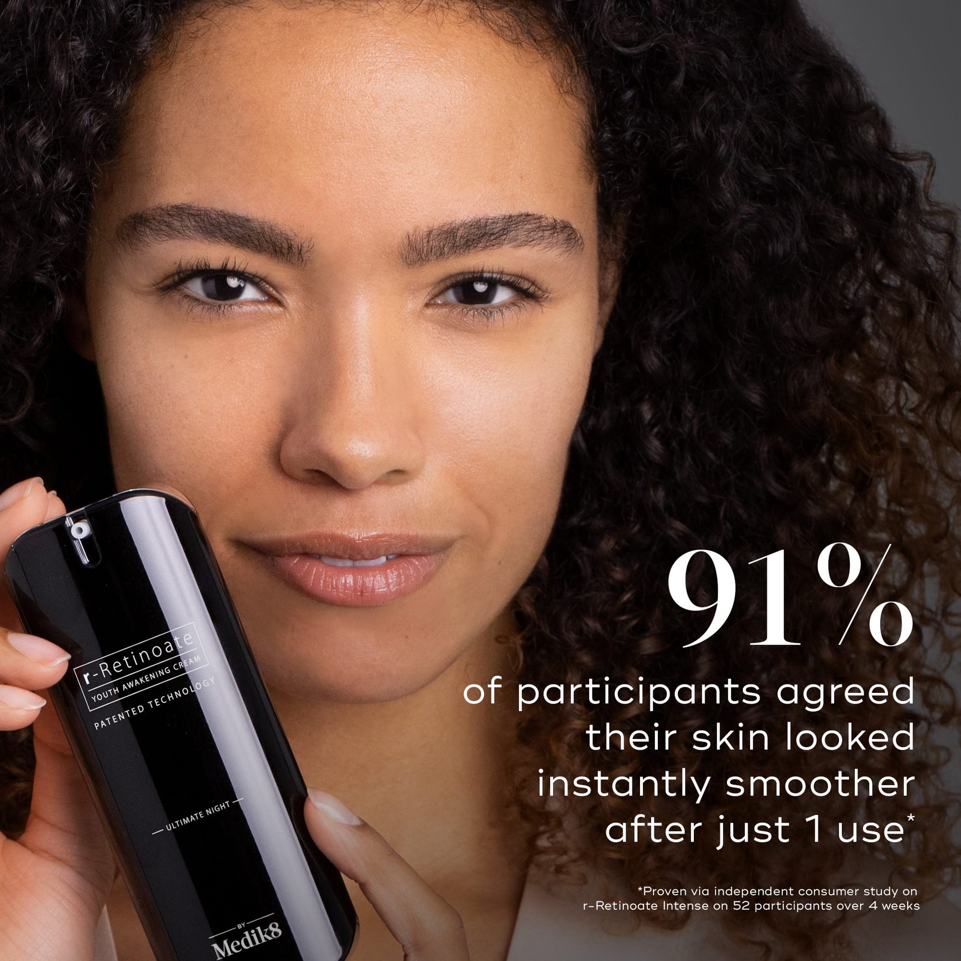 Medik8 r-Retinoate Intense claim panel - 91% agreed skin looked instantly smoother after one use