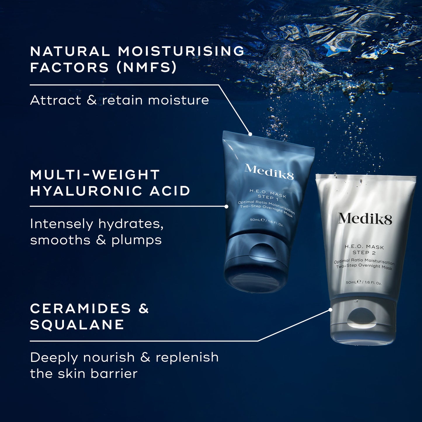 Medik8 H.E.O. Mask key ingredients - natural moisturising factors, multi-weight hyaluronic acid, ceramides and squalane