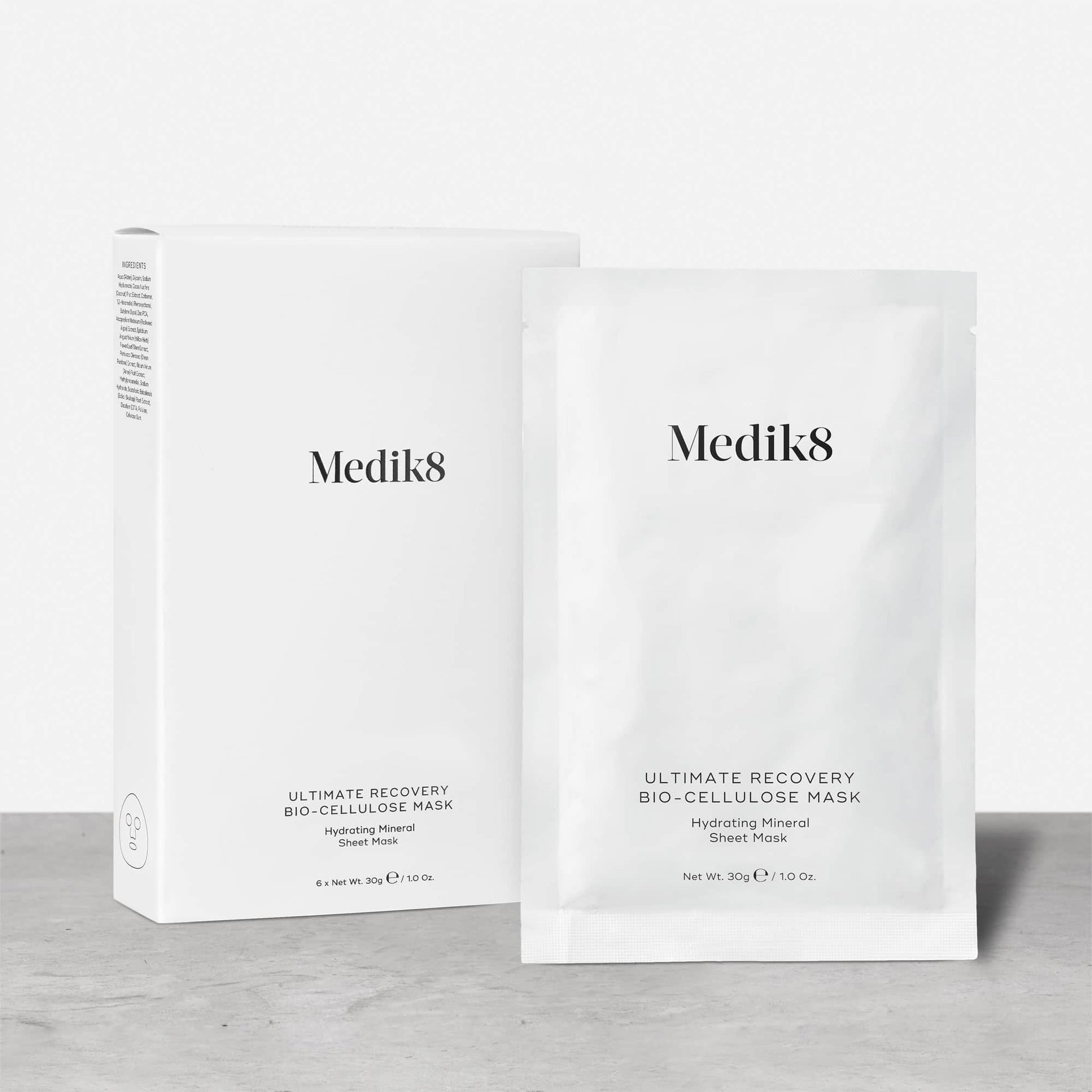 Medik8 Ultimate Recovery Bio-Cellulose Mask 6 pack carton shown beside a single sachet