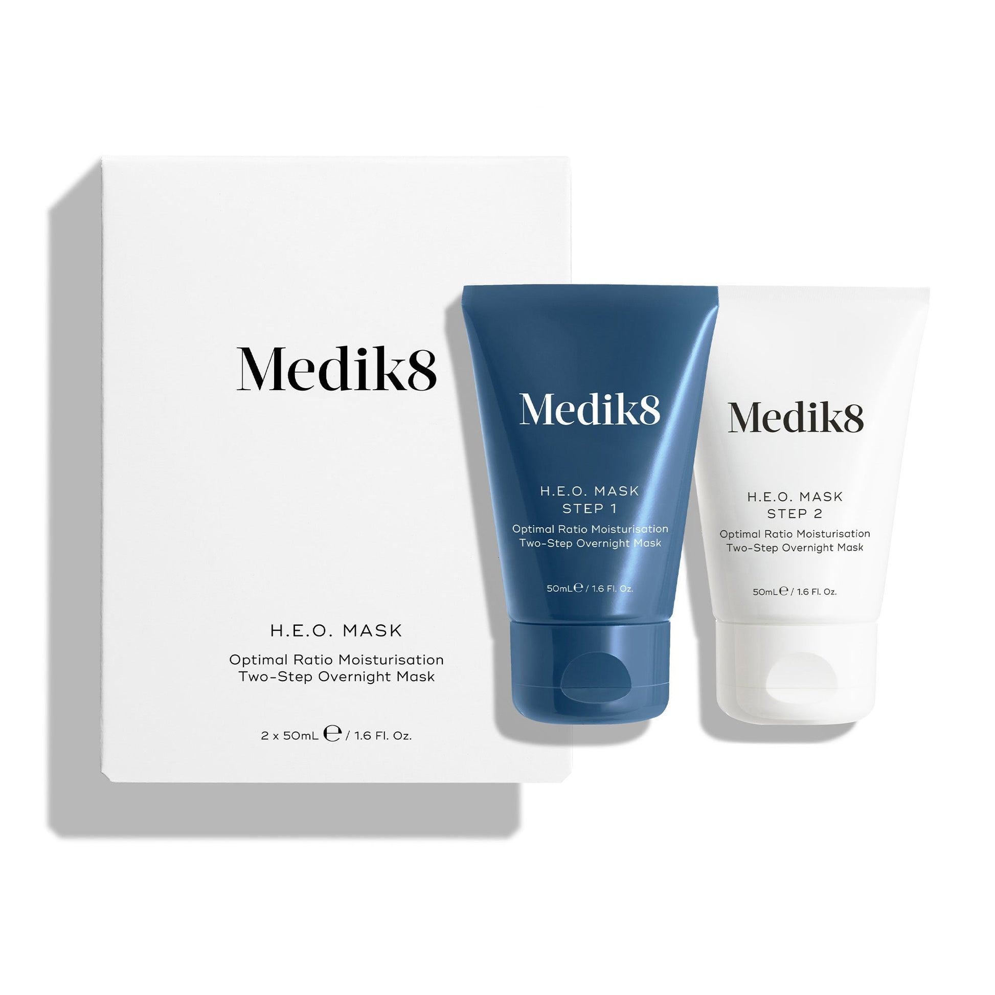 Medik8 H.E.O. Mask carton shown beside the two Step 1 and Step 2 tubes