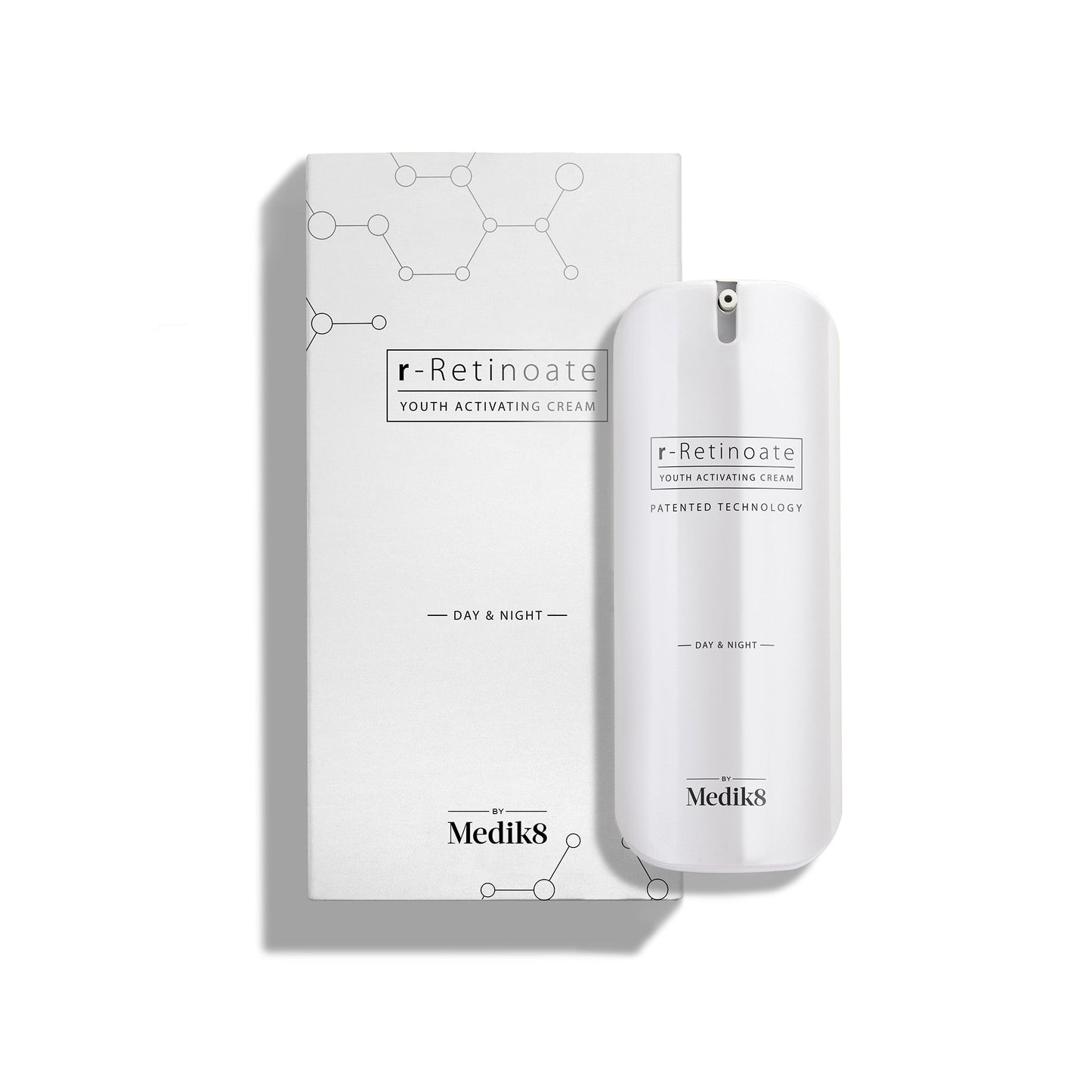 Medik8 r-Retinoate Day and Night 50ml bottle shown beside its carton