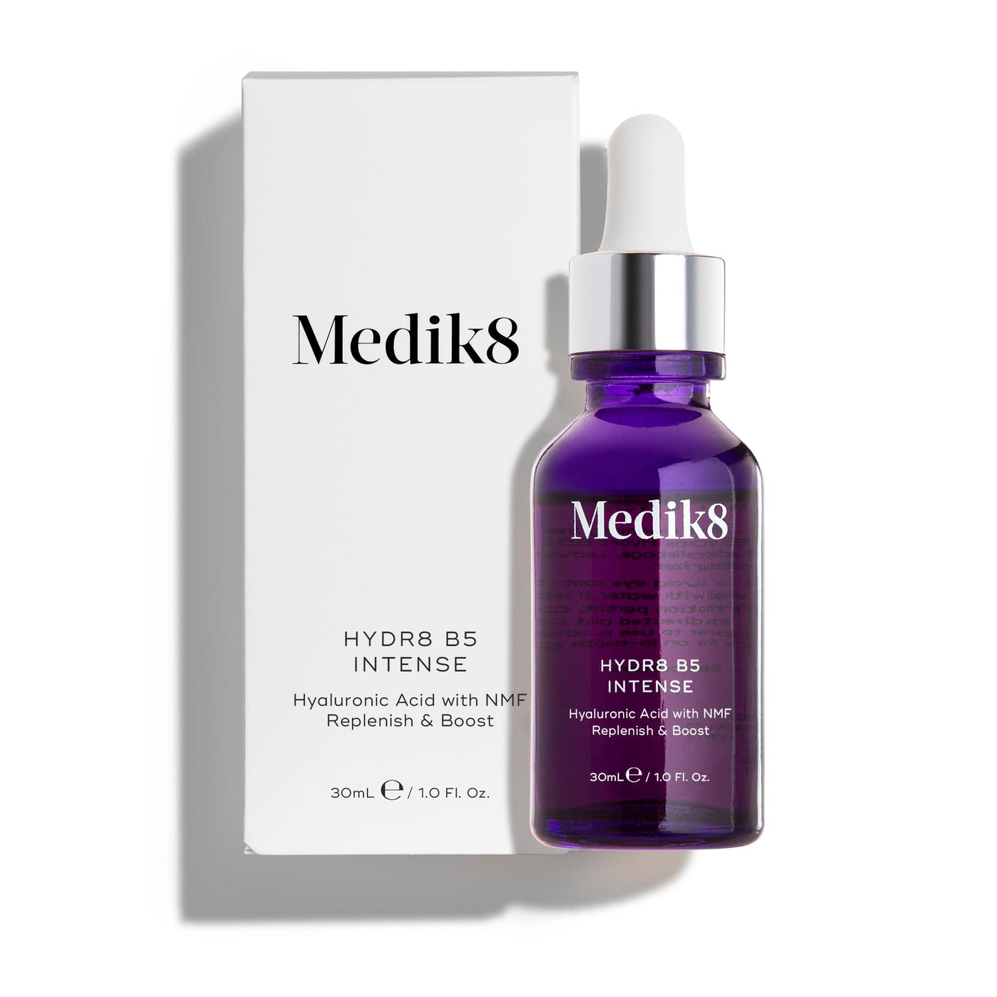 Medik8 Hydr8 B5 Intense 30ml dropper bottle shown beside its outer carton