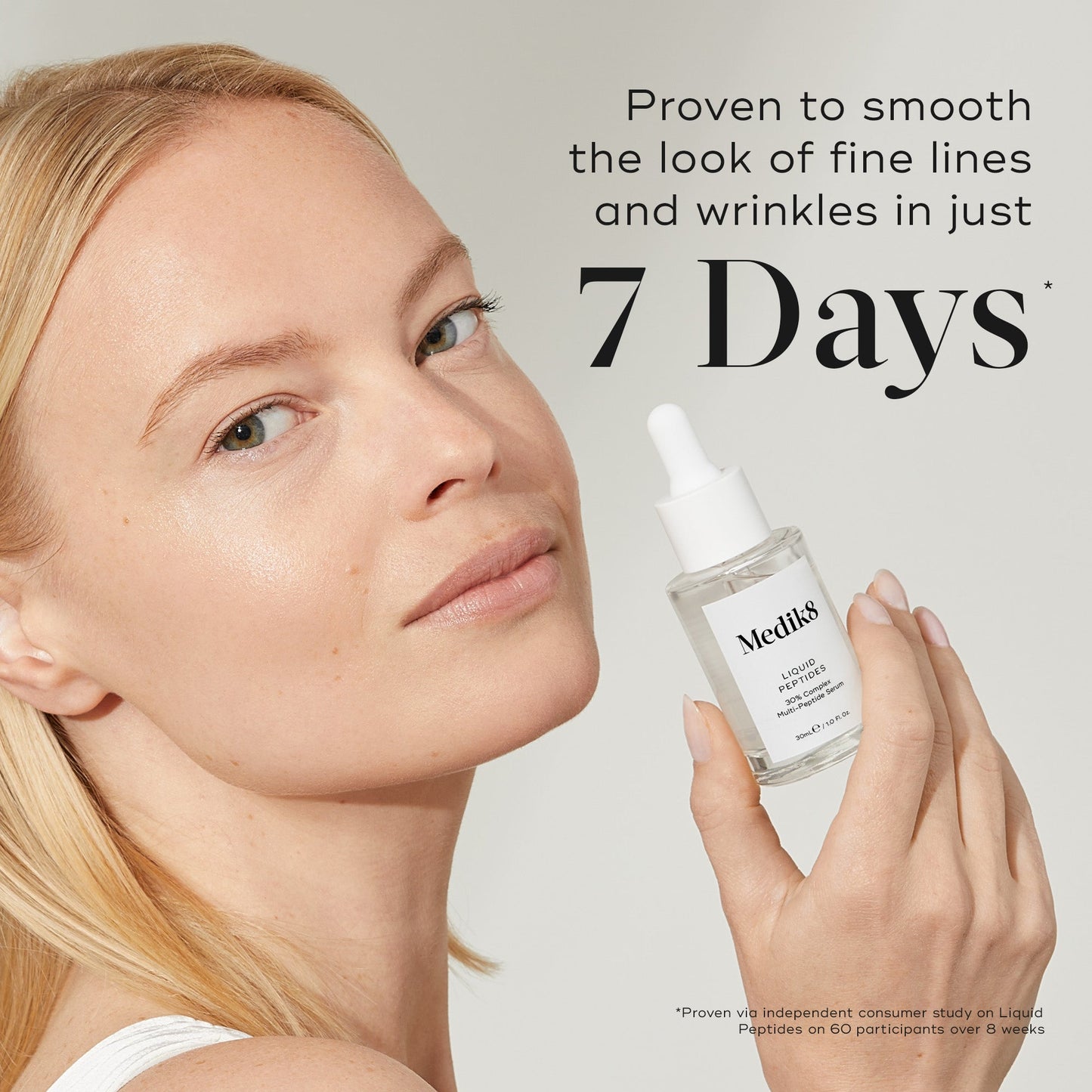 Medik8 Liquid Peptides proven to smooth the look of fine lines and wrinkles in just 7 days