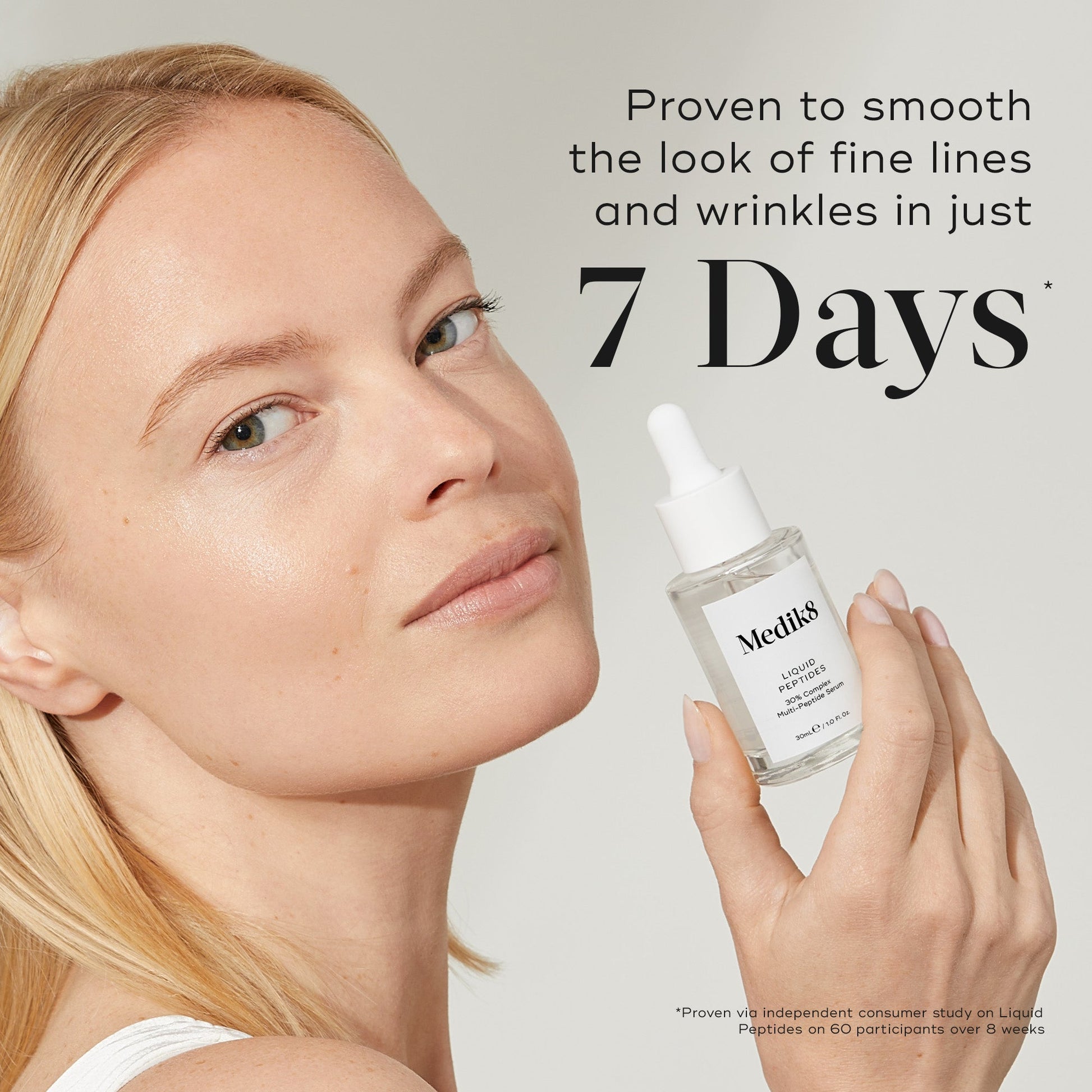 Medik8 Liquid Peptides proven to smooth the look of fine lines and wrinkles in just 7 days
