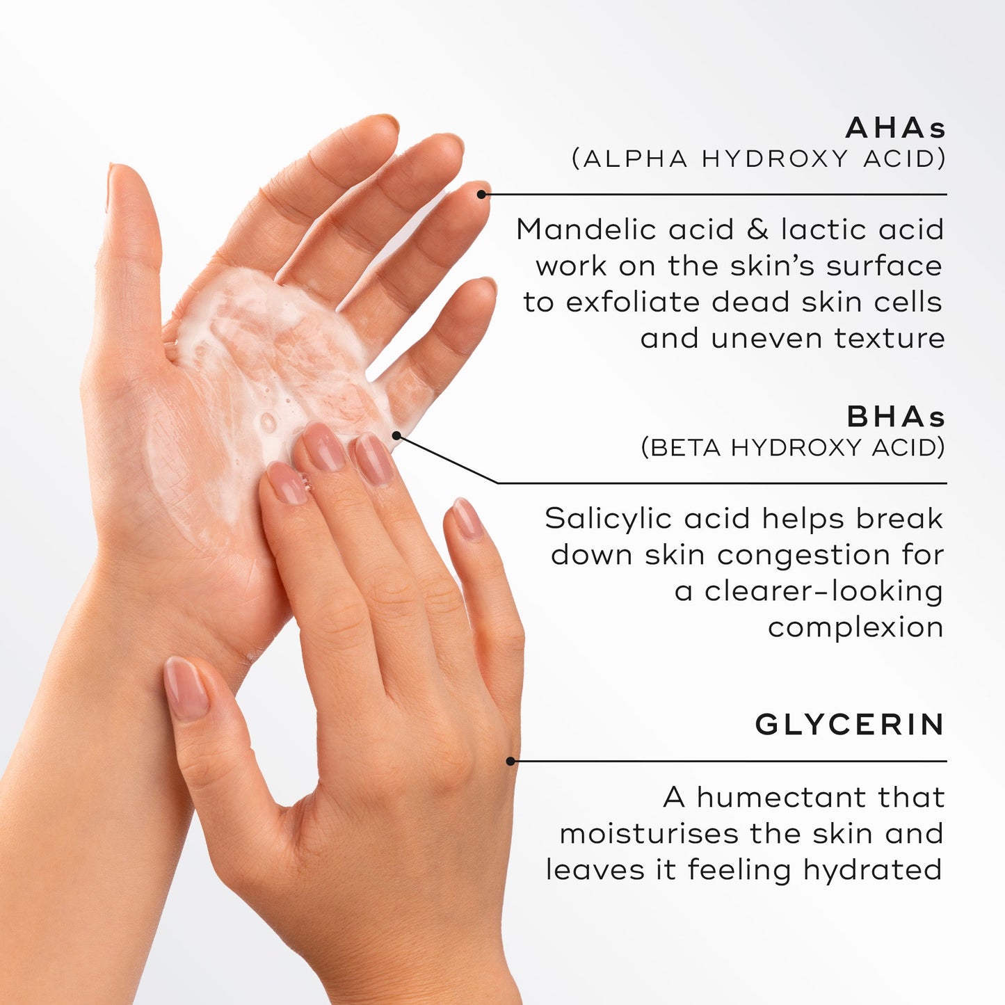 Medik8 Surface Radiance Cleanse key ingredients - L-Mandelic and L-Lactic acid AHAs, Salicylic acid BHA, Glycerin