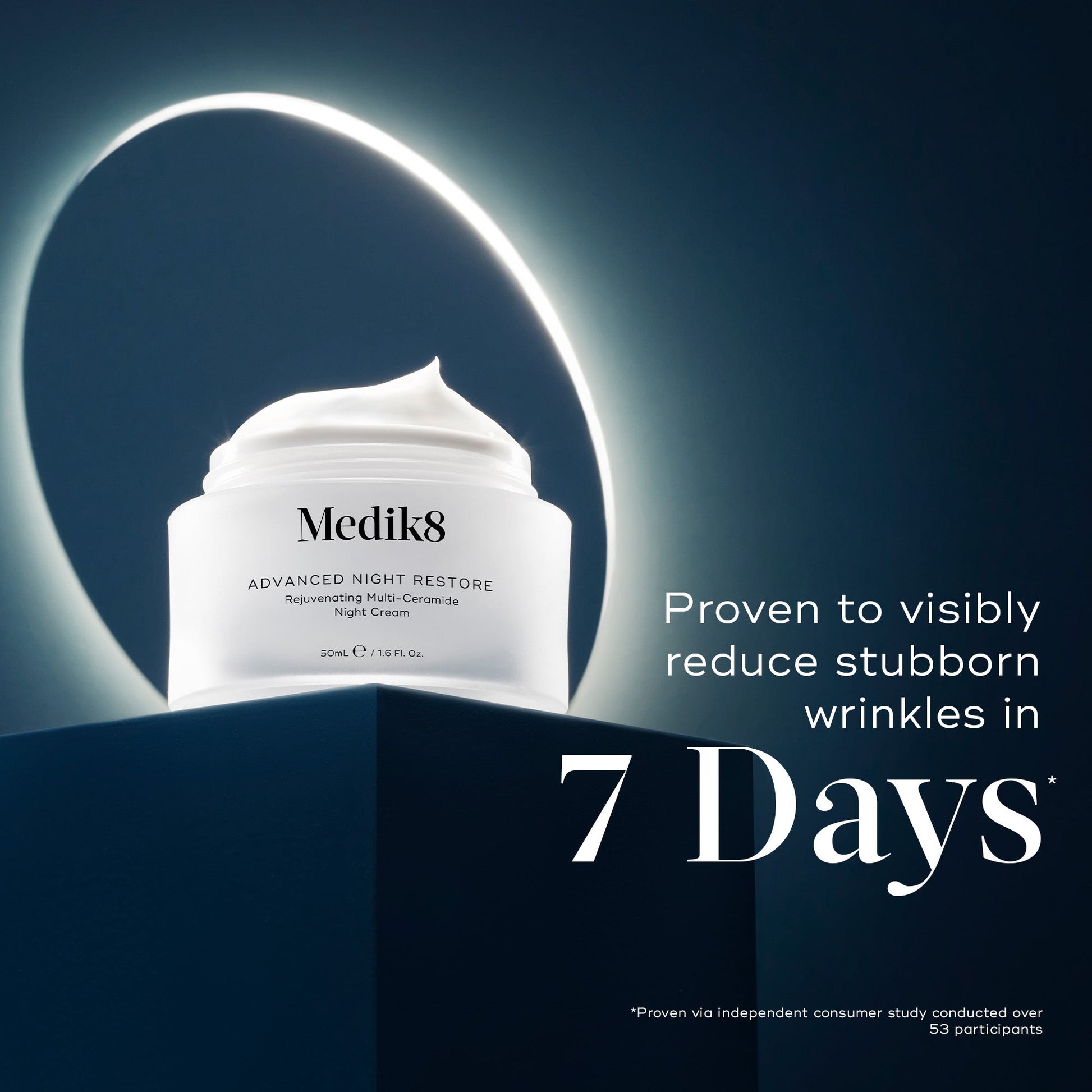 Medik8 Advanced Night Restore claim panel - proven to visibly reduce stubborn wrinkles in 7 days