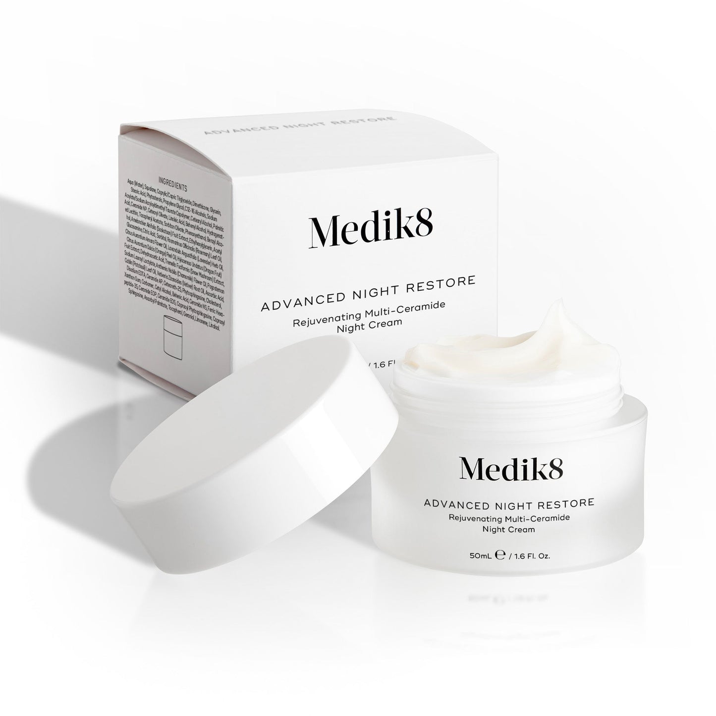 Medik8 Advanced Night Restore 50ml jar shown open beside its carton