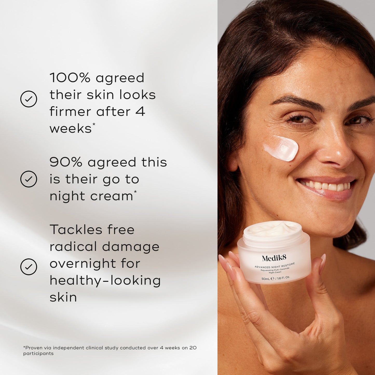 Medik8 Advanced Night Restore benefits panel - 100% agreed skin looks firmer after 4 weeks