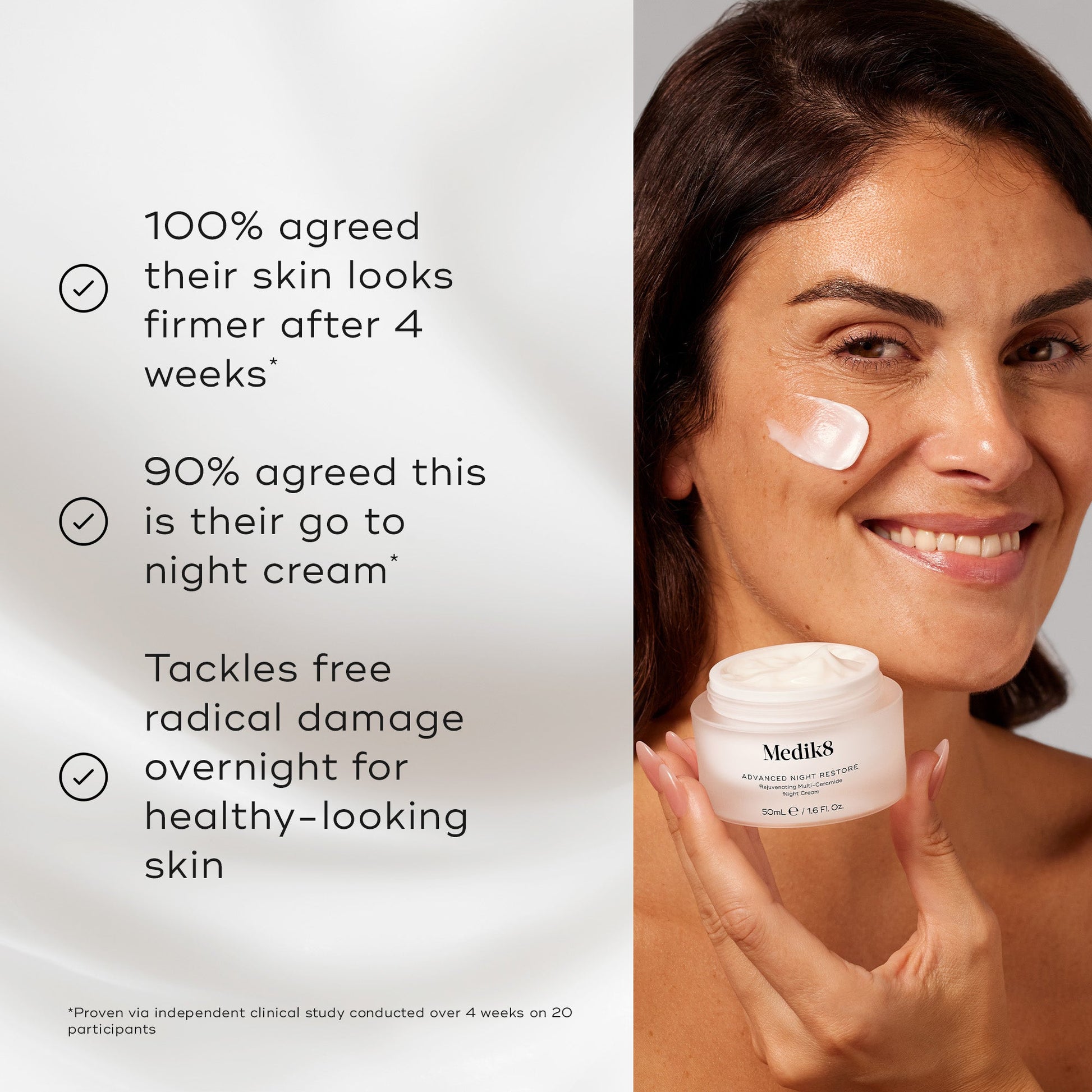 Medik8 Advanced Night Restore benefits panel - 100% agreed skin looks firmer after 4 weeks