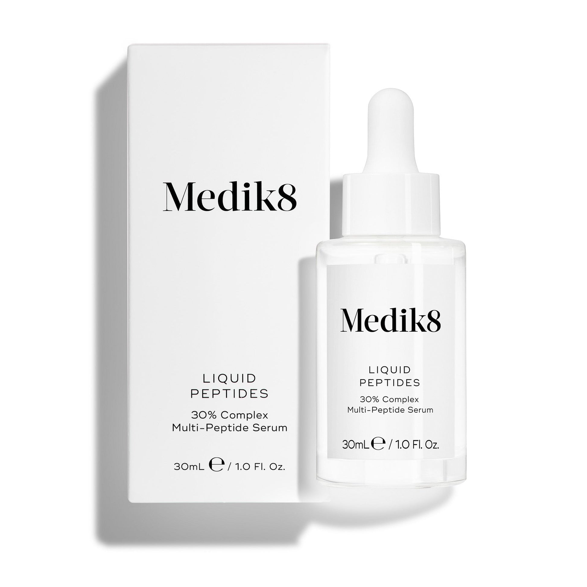 Medik8 Liquid Peptides 30ml dropper bottle shown in front of its product carton