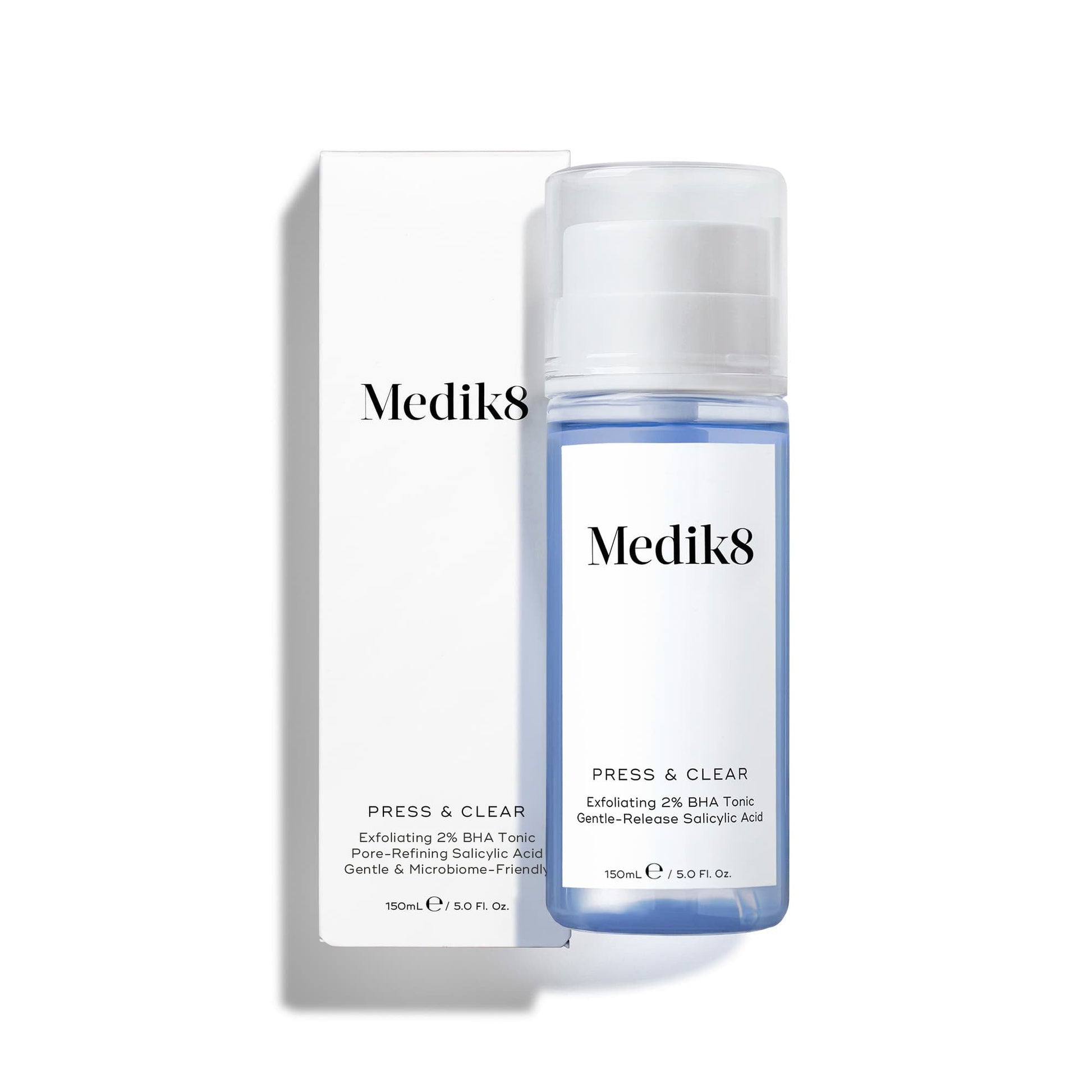 Medik8 Press & Clear 150ml bottle shown beside its outer carton