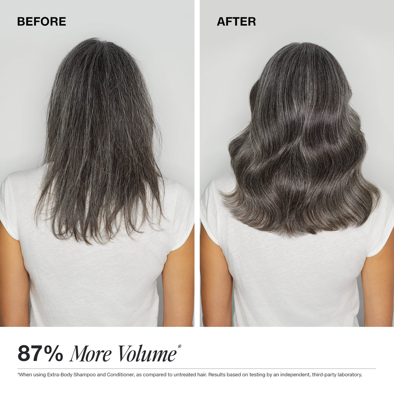 Before and after results using Paul Mitchell Extra-Body Shampoo and Conditioner