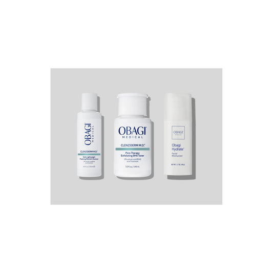 Obagi CLENZIderm M.D. Foaming Cleanser 118ml, Pore Therapy Toner 148ml and Hydrate Facial Moisturiser 48g shown together, three-step blemish routine