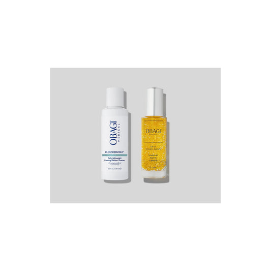 Obagi CLENZIderm M.D. Foaming Cleanser 118ml and Daily Hydro-Drops 30ml shown together, cleanse and hydrating serum duo for oily skin