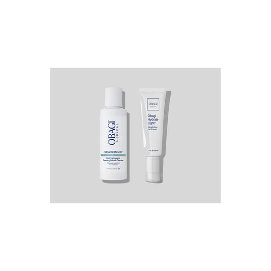 Obagi CLENZIderm M.D. Foaming Cleanser 118ml and Hydrate Light Weightless Gel Cream 50ml shown together, oil-free cleanse and hydrate duo