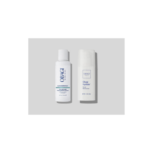 Obagi CLENZIderm M.D. Foaming Cleanser 118ml and Hydrate Facial Moisturiser 48g shown together, cleanse and hydrate duo for blemish-prone skin