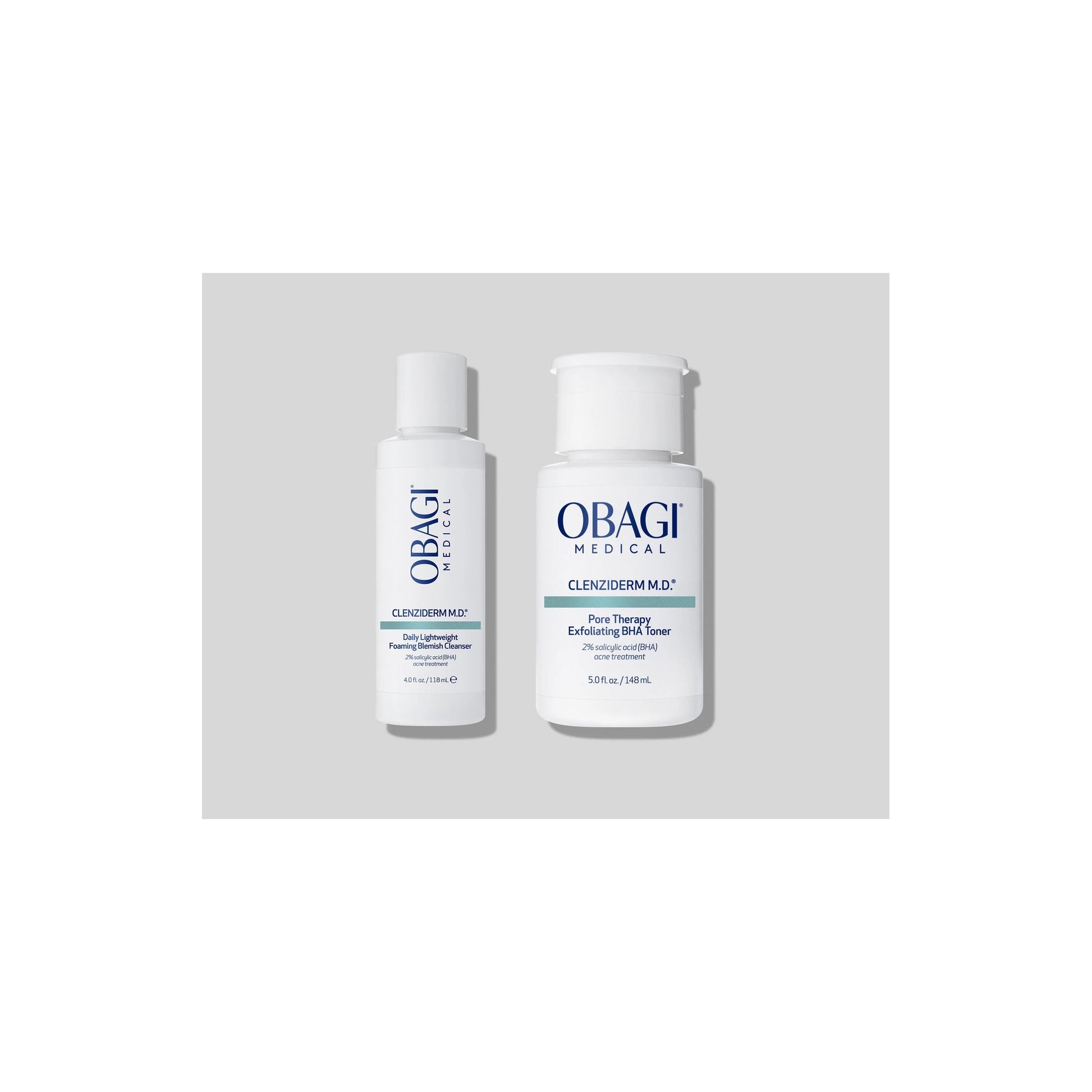 Obagi CLENZIderm M.D. Foaming Cleanser 118ml and Pore Therapy Toner 148ml shown together, 2% salicylic acid duo for blemish-prone skin