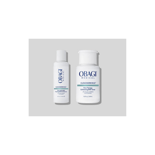 Obagi CLENZIderm M.D. Foaming Cleanser 118ml and Pore Therapy Toner 148ml shown together, 2% salicylic acid duo for blemish-prone skin