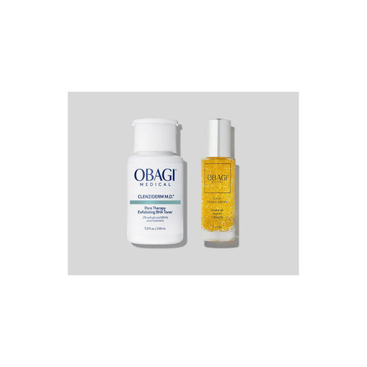 Obagi CLENZIderm M.D. Pore Therapy Toner 148ml and Daily Hydro-Drops 30ml shown together, BHA toner and hydrating serum duo for congested skin