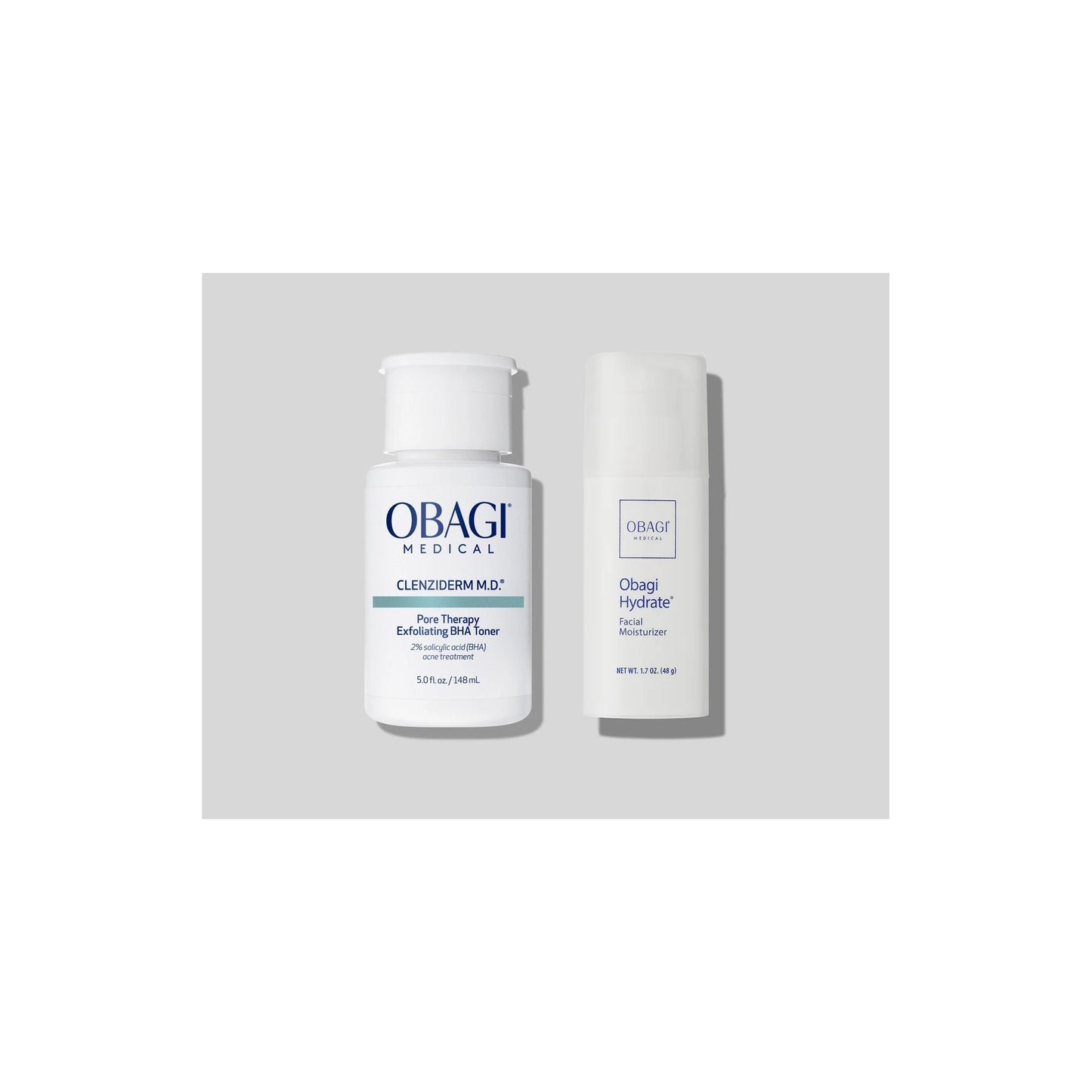 Obagi CLENZIderm M.D. Pore Therapy Toner 148ml and Hydrate Facial Moisturiser 48g shown together, exfoliating BHA and moisturiser duo